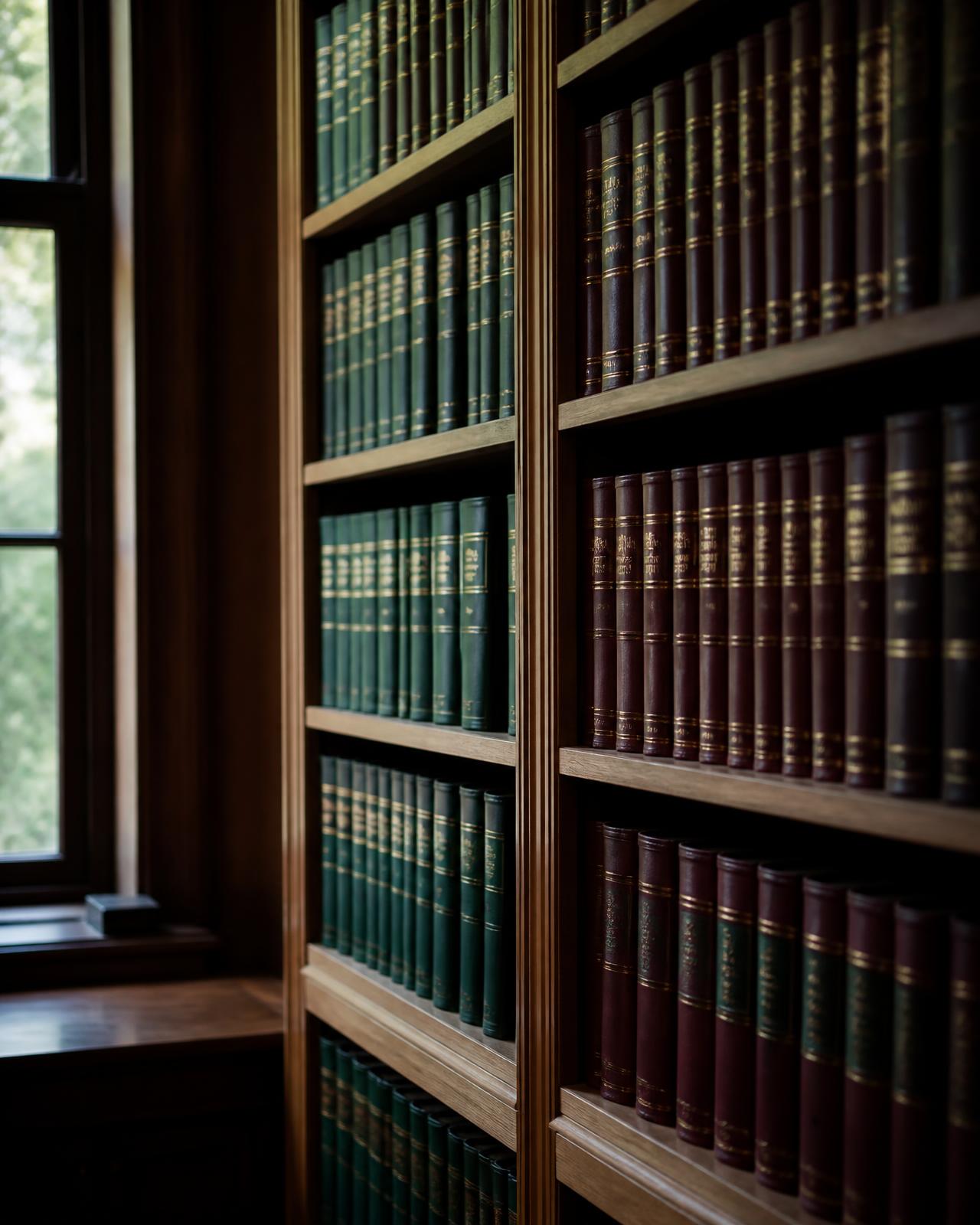 Estante de biblioteca jurídica com códigos e livros de capa dura