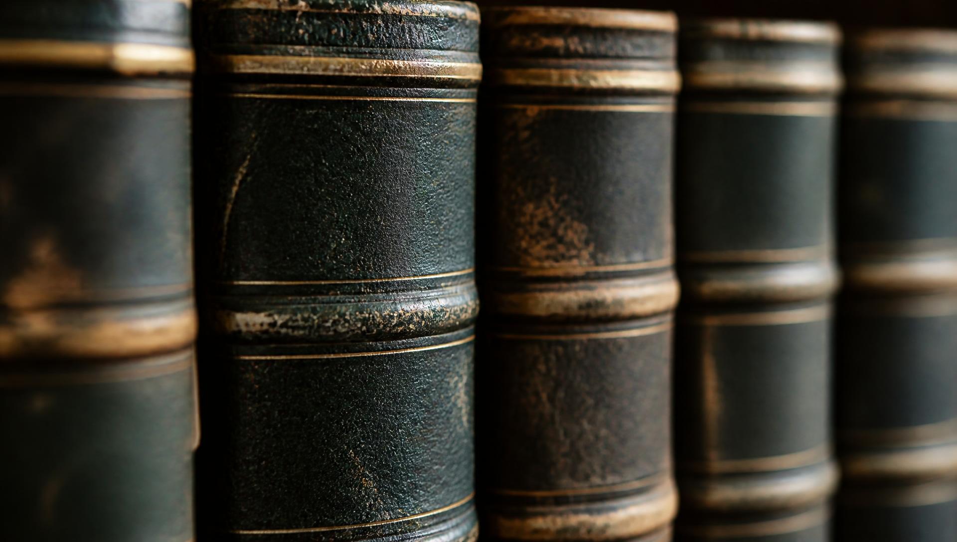 Close nas lombadas de livros de direito antigos encadernados em couro